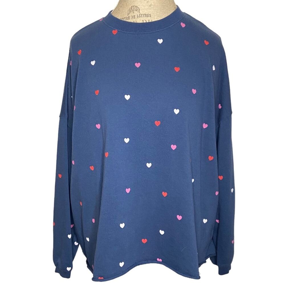 Mighty Fine Heart Print Pullover Crewneck Sweater In Blue Women’s Size Large